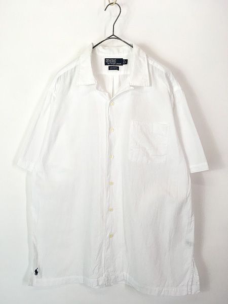 古着 90s Polo Ralph Lauren 「CALDWELL」 裾ポニー ソリッド ガーゼ コットン 半袖 開襟 ボックス シャツ 白 XXL 古着