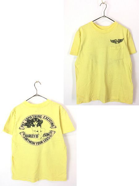 古着 80s USA製 HARLEY DAVIDSON 名作 「Nude with Black Long Hair」 美女 ヌード ポケット Tシャツ ポケT M 古着