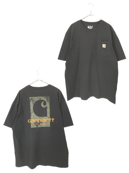 古着 Carhartt BIG ロゴ プリント 100% コットン ポケット Tシャツ ポケT 黒 L 古着