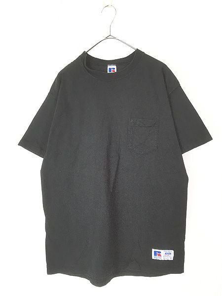 古着 90s USA製 Russell High Cotton 無地 ソリッド 100%コットン ポケット付 Tシャツ ポケT ブラック L