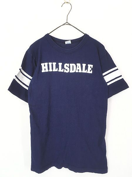 古着 70s USA製 Champion 「HILLSDALE」 アームライン 100%コットン WIN Tシャツ M 古着