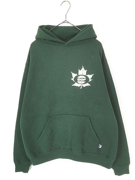 古着 80s USA製 Russell 「esf」 フラワー フロッキー セットイン スウェット パーカー グリーン L