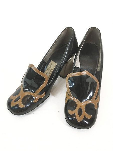 雑貨 古着 80s Town & Country Shoes 光沢 エナメル クラシカル スクエアトゥ パンプス ヒール シューズ 靴 23cm位 古着