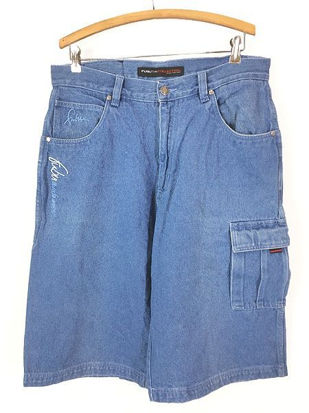 古着 90s FUBU 多ポケット ブルー デニム ペインター カーゴ ショーツ ショート パンツ 7分丈 W35