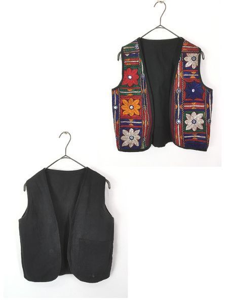 レディース 古着 70s インディアン ラバリ バンジャラ ミラーワーク× ブラック 無地 ソリッド リバーシブル ベスト S位 古着 7,161円
