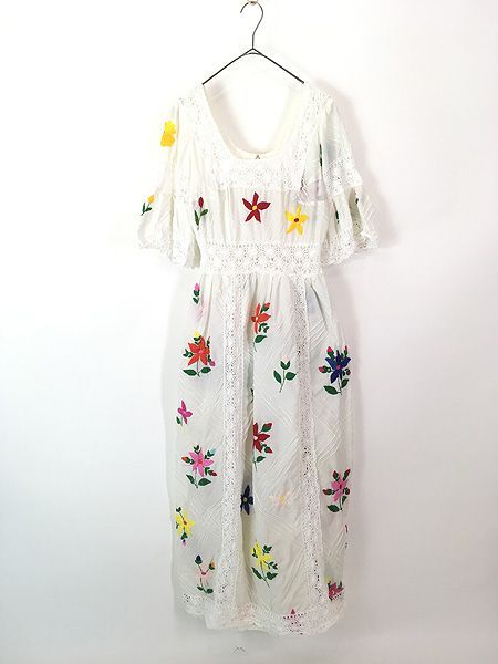 レディース 古着 70s カラフル 花 フラワー ハンド 刺しゅう クロシェ レース コットン ワンピース マキシ丈 M位 古着 8,050円