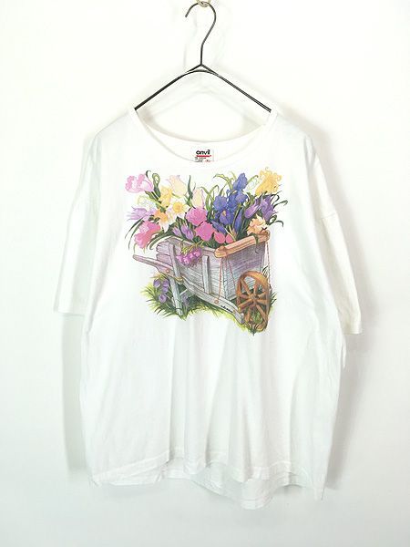 レディース 古着 90s USA製 花 フラワー ガーデンカート BIG プリント Tシャツ XL 古着
