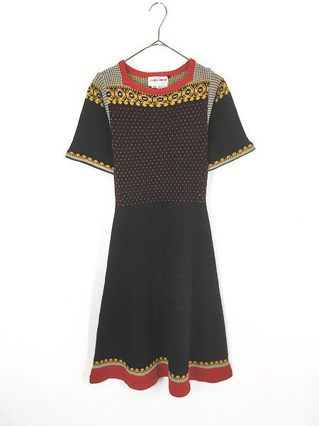 レディース 古着 80s COLLAGEDRESS ネイティブ フェアアイル スクエアネック 半袖 ニット ワンピース ミモレ丈 M 古着