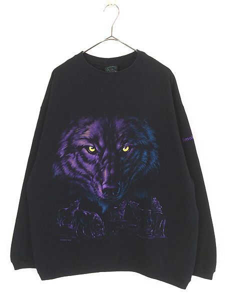 古着 90s USA製 オオカミ ウルフ フェイス アニマル アート Tシャツ L 古着