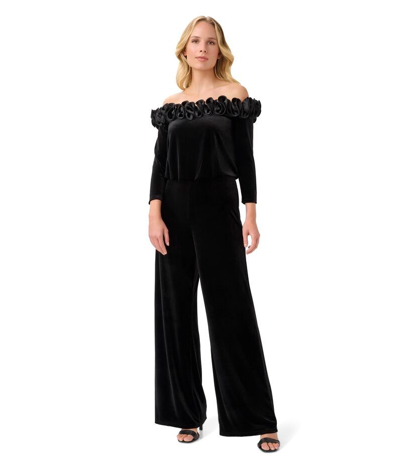 アドリアナ パペル レディース トップス ジャンプスーツ ベルベット Adrianna Papell OfftheShoulder Stretch Velvet Blouson Jumpsuit with Rosette Detail Black ブラック
