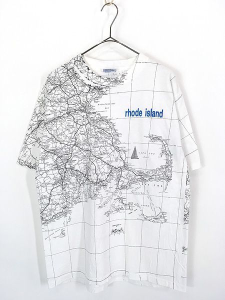 古着 90s USA製 rhode island マップ 地図 モノクロ オールオーバー Tシャツ L 古着