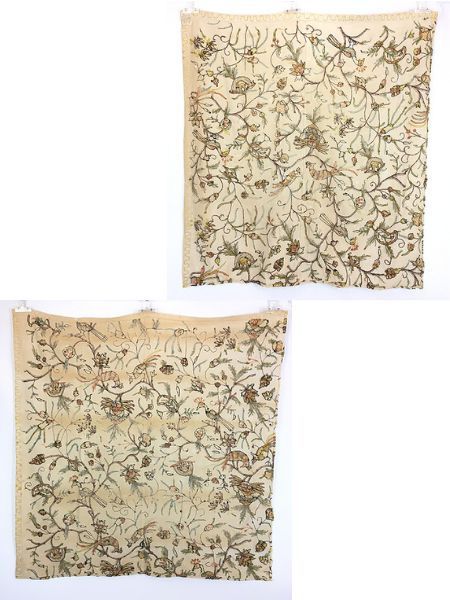 雑貨 古着 70s- India製 花 フラワー ボタニカル 鳥 総柄 チェーンステッチ 総刺しゅう カバー ファブリック シーツ インテリア 2枚セット 古着