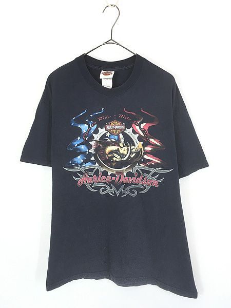 古着 00s USA製 HARLEY DAVIDSON イノシシ 星条旗 フラッグ ロゴ バー&シールド Tシャツ L 古着