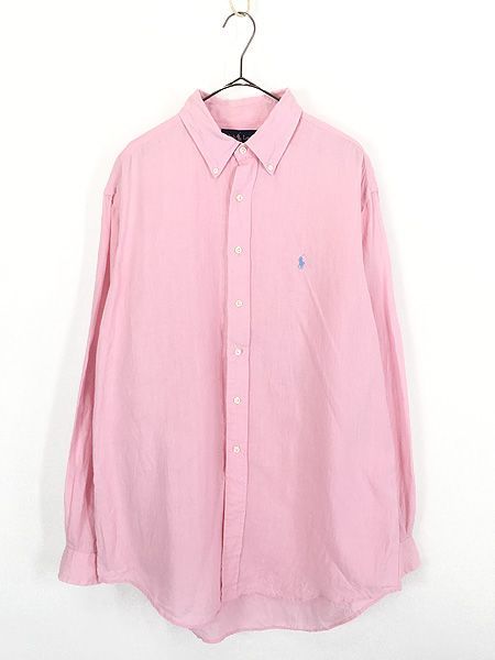 古着 90s Ralph Lauren 「CLASSIC FIT」 ワンポイント ソリッド 100% リネン BD シャツ ピンク L 古着