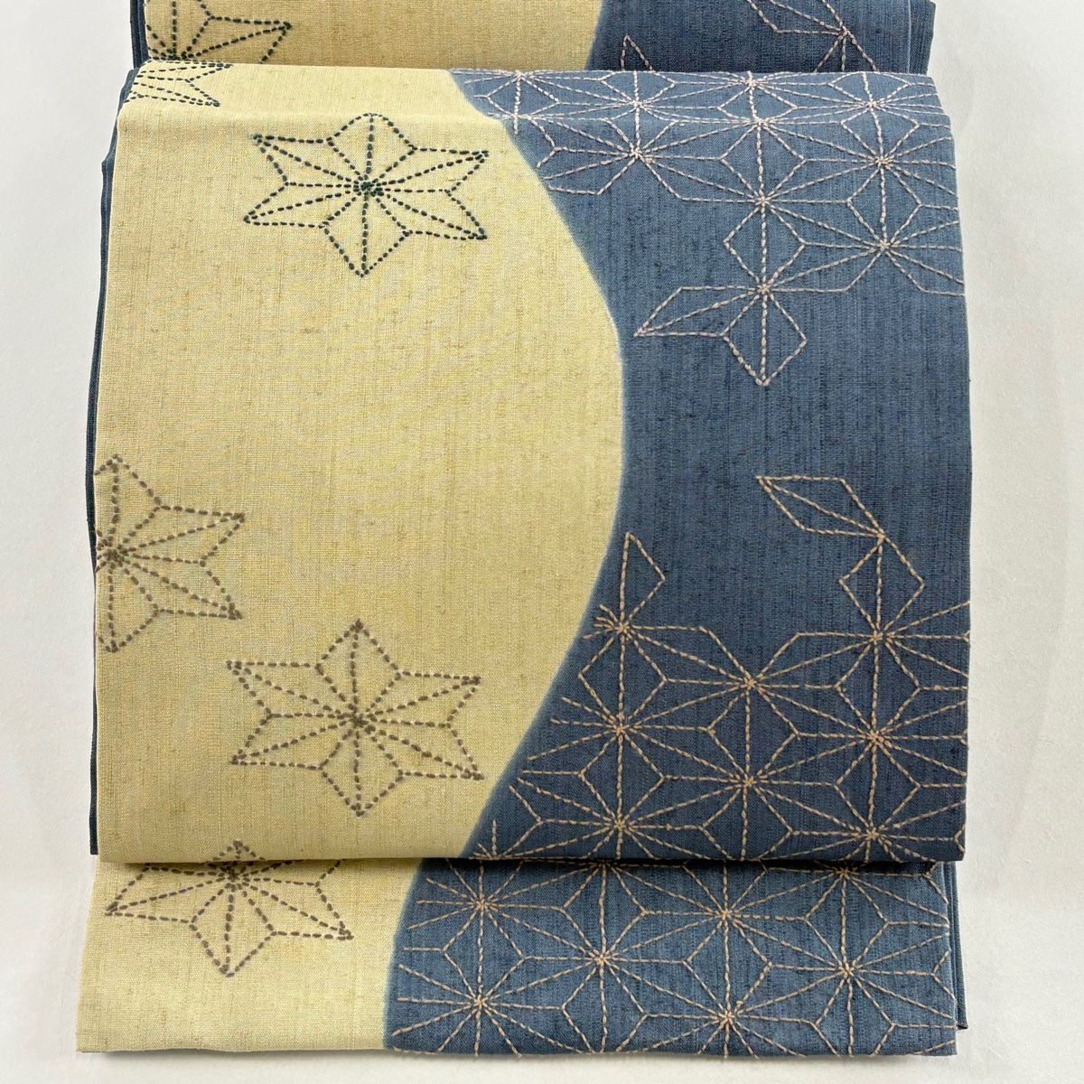 在庫一掃】 袋帯 名品 紬地 麻の葉 刺し子刺繍 青灰色 六通 正絹 