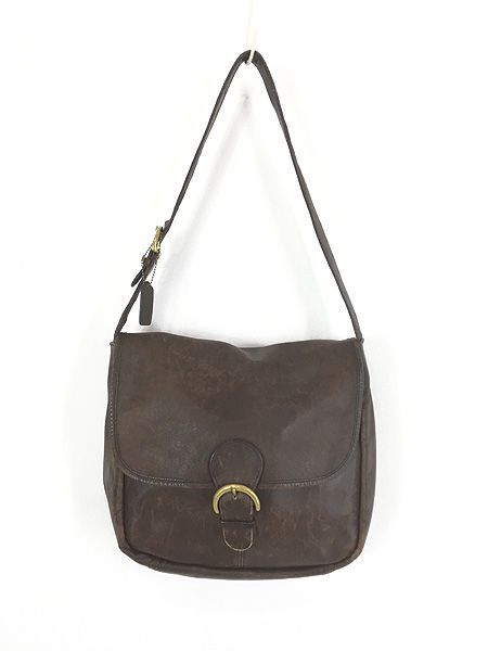 雑貨 古着 90s USA製 OLD COACH 本革 レザー フラップ 内ポケット ショルダー バッグ 茶 中型 古着