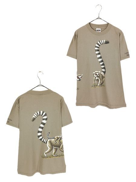 古着 90s ワオキツネザル 親子 巻き プリント アニマル Tシャツ M 古着