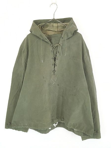 古着 40s 米軍 USN N-2 WET WEATHER PARKA ミリタリー ゴム引き コットン レースアップ レイン パーカー L