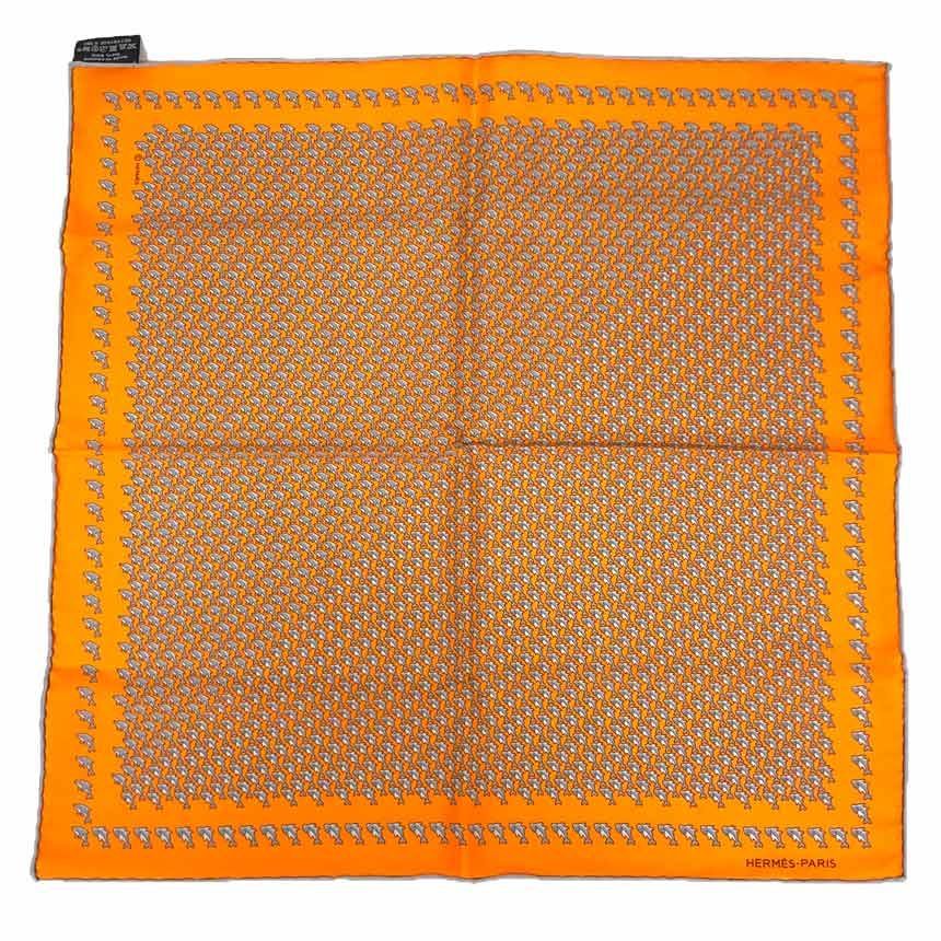 HERMES エルメス ポケットチーフ スカーフ POCHETTE TWILL カレ イルカ サメ シルク オレンジ 未使用 aq12566