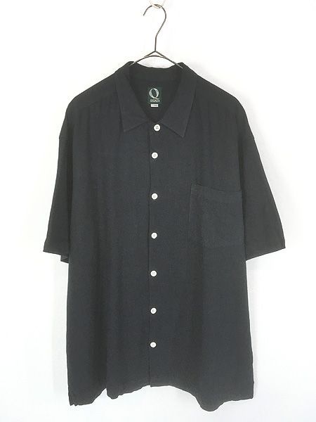古着 90s Que 無地 ソリッド ブラック リネン レーヨン 半袖 ボックス シャツ XL
