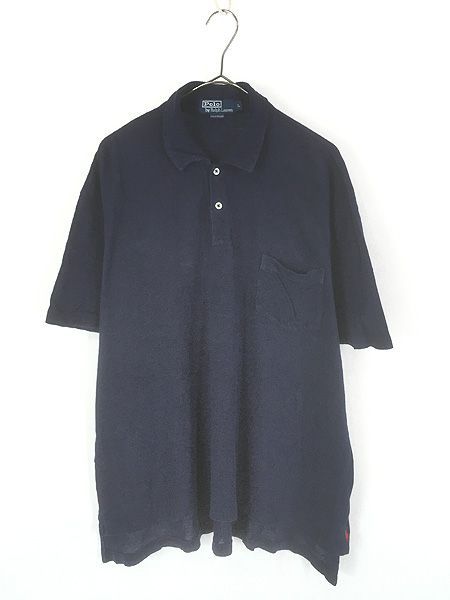 古着 Polo Ralph Lauren 裾ポニー ワンポイント ソリッド ポケット付 100% リネン カノコ ポロシャツ ネイビー L 古着