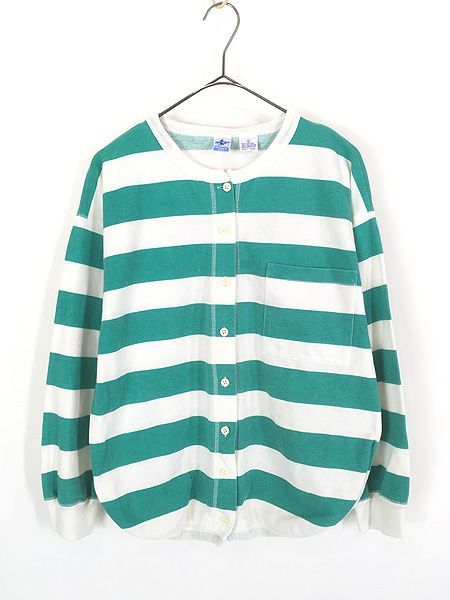 レディース 古着 80s Northern Isles 緑×白 太ピッチ ボーダー ノーカラー 長袖 鹿の子 カットソー L 古着