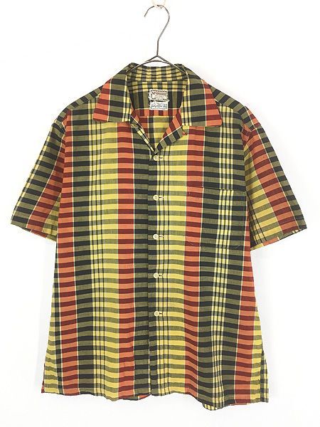 古着 50s USA製 McGREGOR 好配色 レアパターン チェック 開襟 ボックス コットン シャツ 半袖 M
