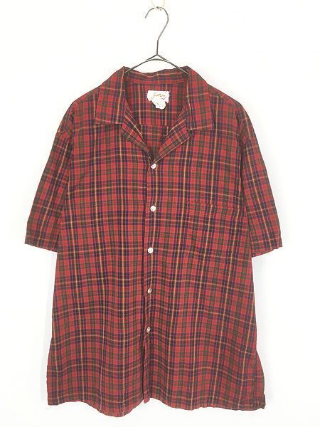 古着 60s USA製 Jantzen ユーロ ファブリック タータン チェック 開襟 ボックス シャツ 半袖 XL
