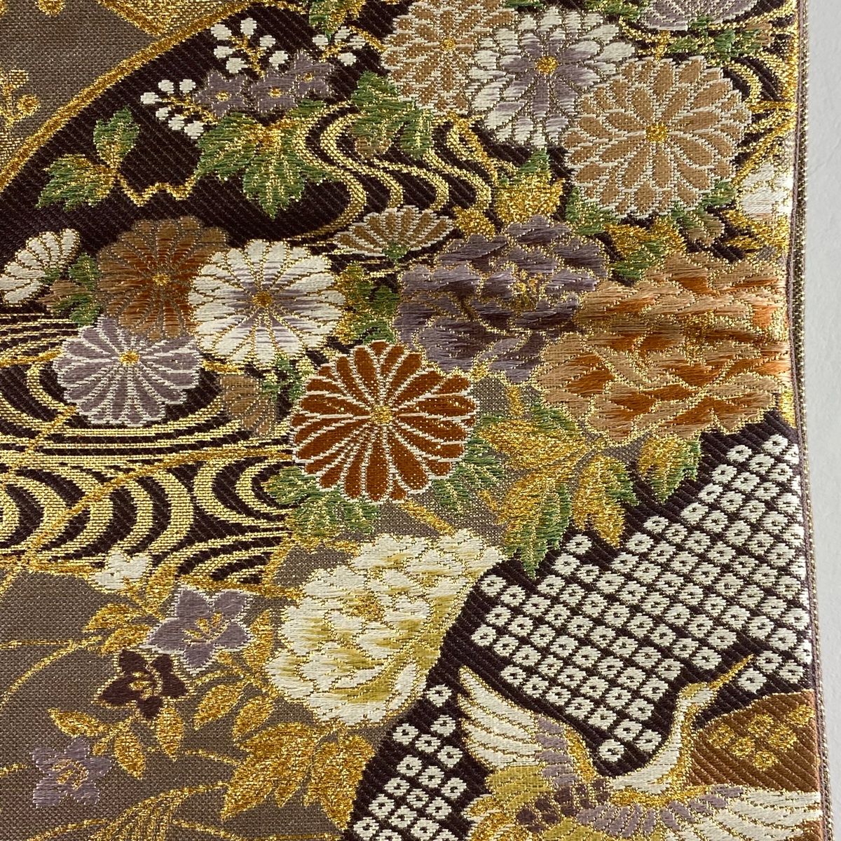 在庫一掃】 袋帯 秀品 やまと 扇 鶴 金糸 箔 金色 六通 正絹 【中古