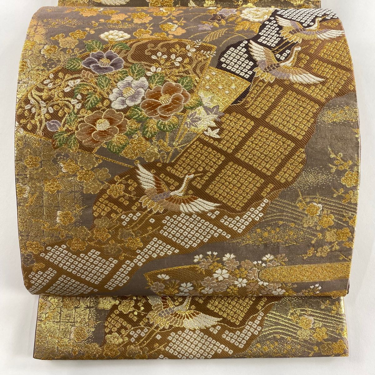 極美品 正絹 袋帯 扇 流水 金糸 箔 鶴 高級和装 Excellent 在庫一掃】 袋帯 秀品 やまと 扇 鶴 金糸 箔 金色 六通 正絹 【中古