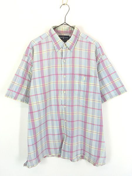 古着 90s Ralph Lauren 「GREGGOR」 マルチ チェック ポケット付 半袖 3点留 BD ボックス シャツ L 古着