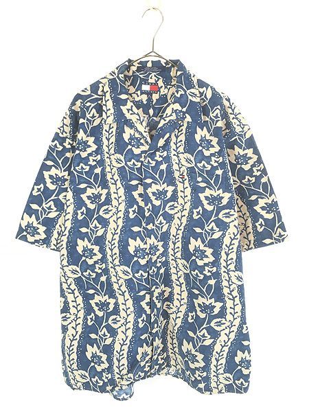 古着 90s TOMMY HIFFIGER 抜染 フラワー アート ストライプ コットン リネン 半袖 開襟 ボックス シャツ XL 古着 6,125円