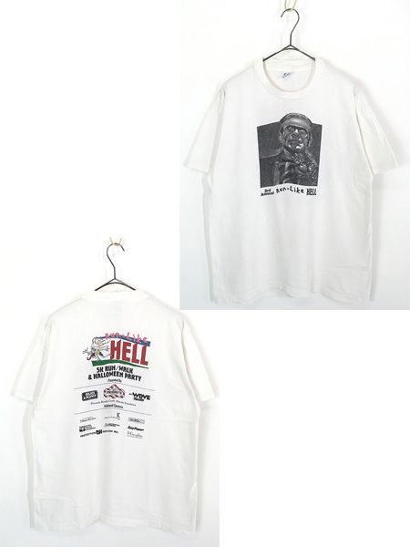古着 90s USA製 「Run Like HELL」 フランケン シュタイン モノクロ アート Tシャツ L 古着