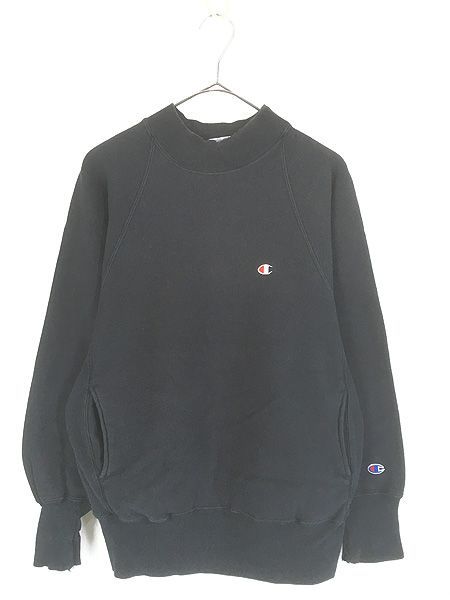 古着 90s USA製 Champion Reverse Weave ワンポイント ポケット付 モックネック リバース スウェット トレーナー 黒 M 古着