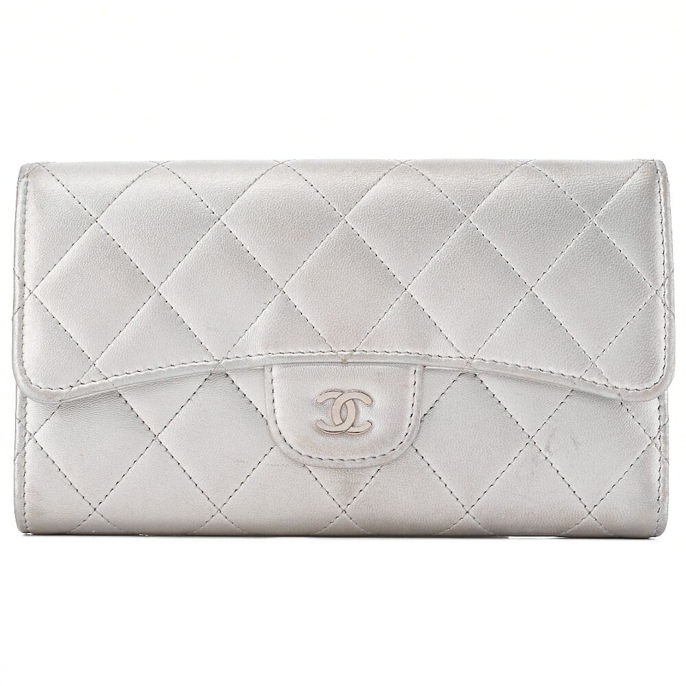 CHANEL シャネル マトラッセ 二つ折り長財布 ラムスキン シルバー