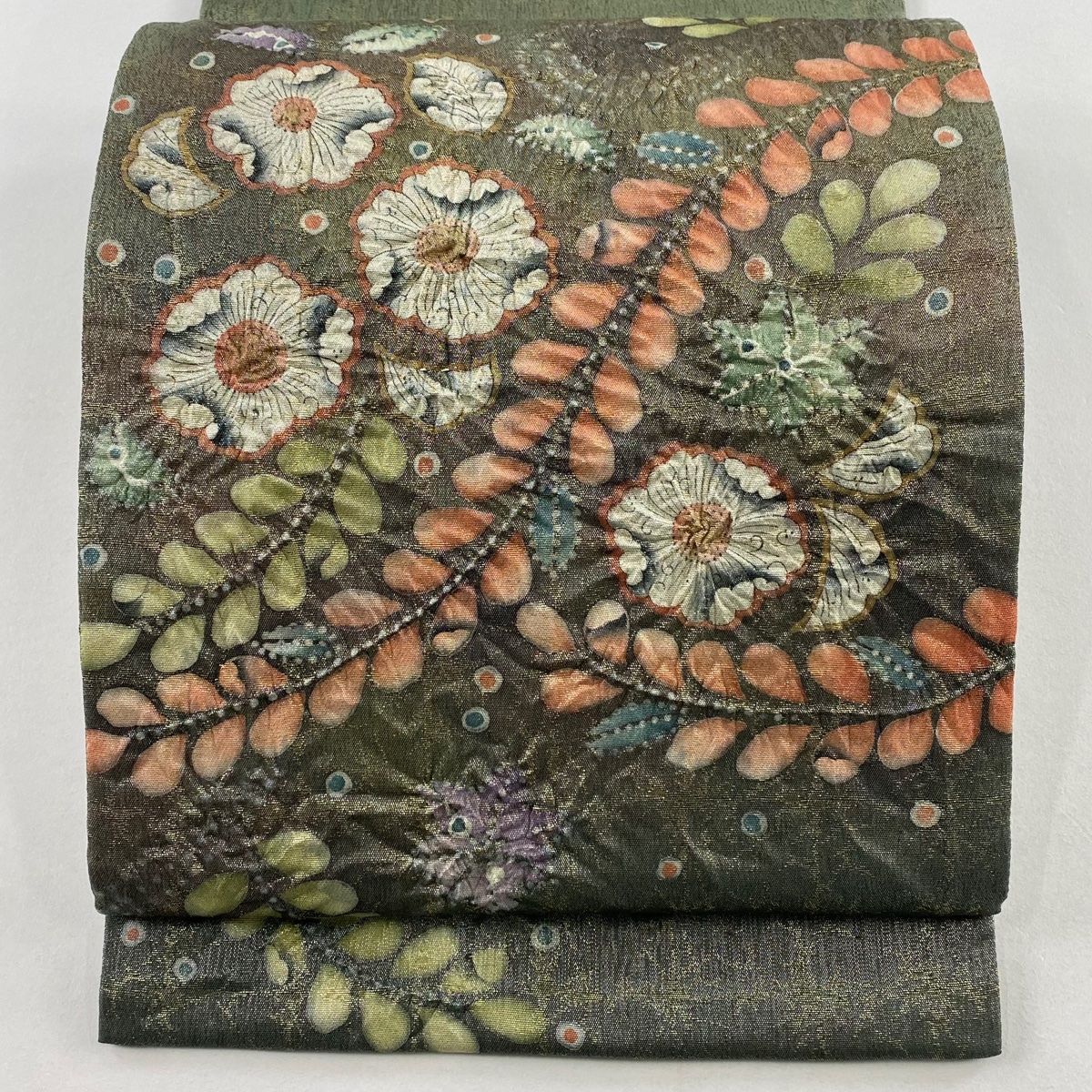 美品 袋帯 名品 落款あり 辻が花 金通し 箔 灰緑 お太鼓柄 正絹 中古