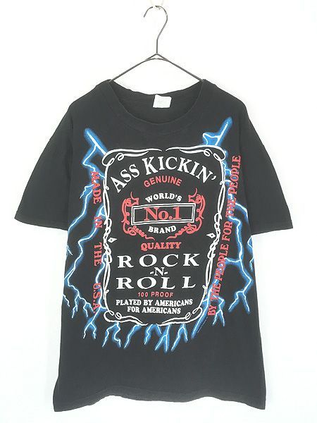 古着 90s American Thunder 「Ass Kickin\' Rock N Roll」 パロディー ロック ミュージック サンダー Tシャツ L