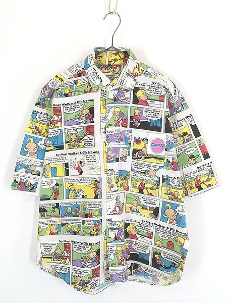 古着 80s- Hi and Lois ハイアンドロイス アメリカン コミック ストリップ 総柄 半袖 シャツ L位 古着