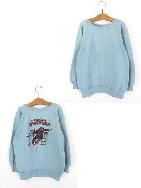 キッズ 古着 70s MARVEL SPIDER MAN スパイダーマン アメコミ ヒーロー スウェット トレーナー 水色 14歳以上位 古着