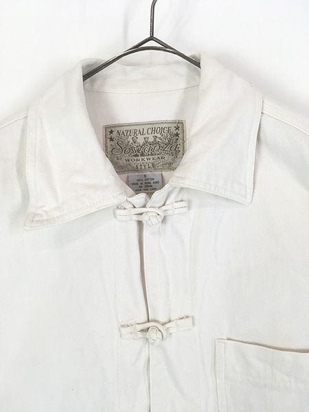 古着 90s Sostanza Work Wear ホワイト デニム チャイナ カンフー カバーオール ジャケット S