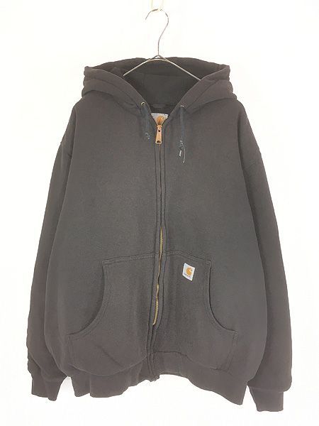 古着 90s- Carhartt 裏地 メッシュ ワンポイント 刺しゅう スウェット ジップ パーカー ブラック XL位