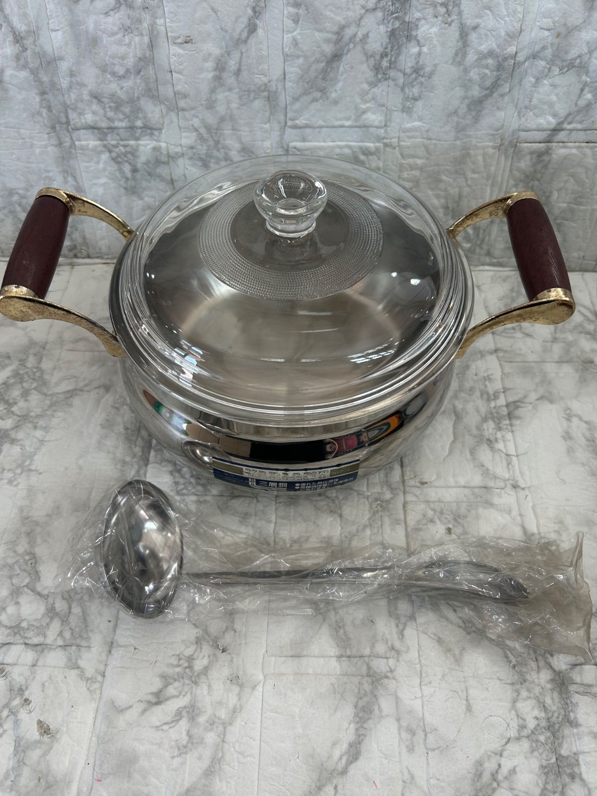 未使用 昭和レトロ 両手鍋 ステンレス 三層銅 おたま付き - メルカリ