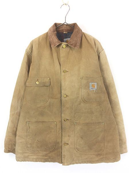 古着 00s USA製 Carhartt 裏地 ストライプ ブランケット BRN ブラウン ダック ミシガンチョア カバーオール ジャケット 42 15,750円