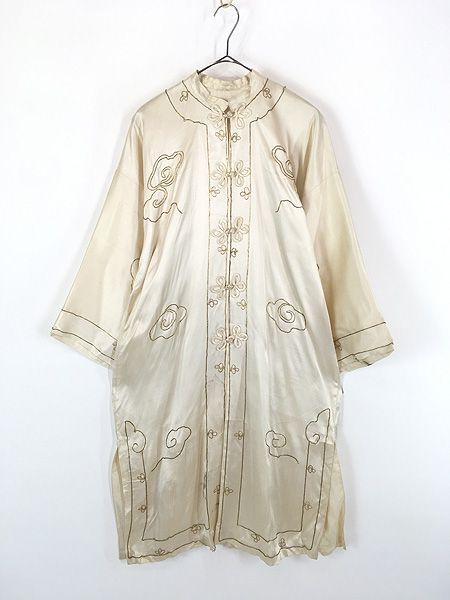 レディース 古着 60-70s Health ドラゴン 龍 ゴールド 刺しゅう 光沢 シルク チャイナ ガウン M位