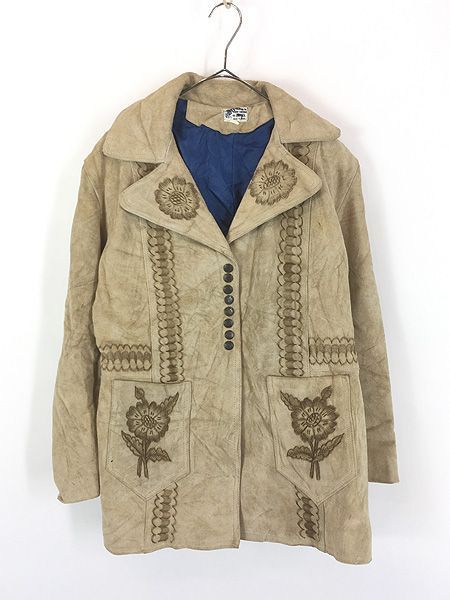 レディース 古着 70s Mexico製 花 フラワー ネイティブ 焼印 本革 スエード レザー ジャケット 40 M位