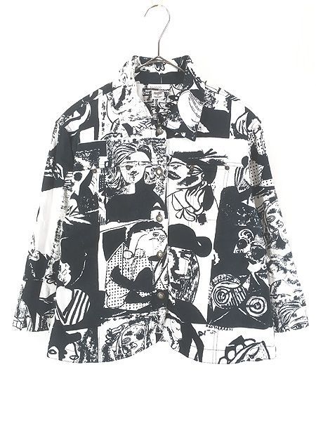 レディース 古着 90s MIRROR IMAGE キュビズム アート モノクロ 9分袖 ストレッチ ジャケット M 6,560円