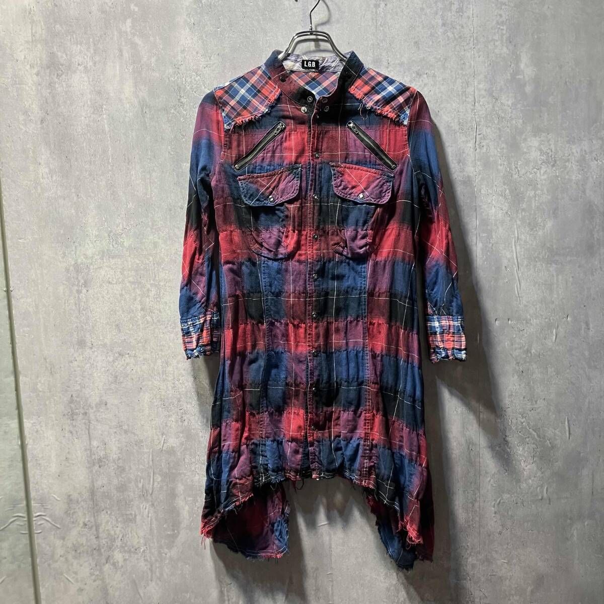 00s Y2K L.G.B カットオフデザイン ロングチェックシャツ サイズ0