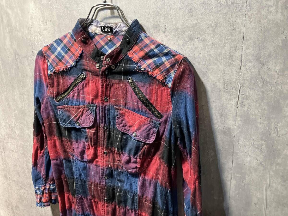00s Y2K L.G.B カットオフデザイン ロングチェックシャツ サイズ0