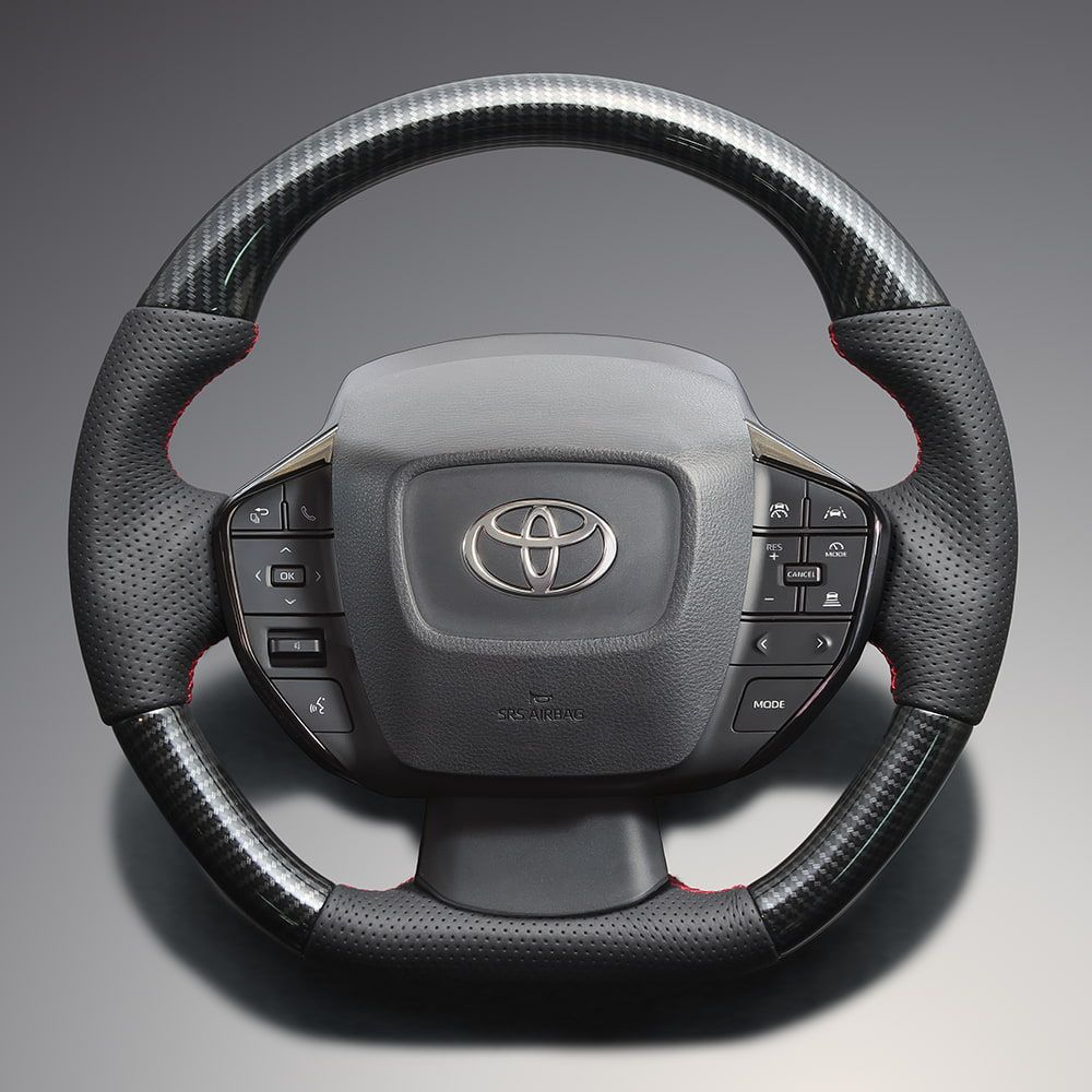 新品 FEGGARI プリウス ウッドu0026レザーステアリング(純正交換) ブラックカーボン調 x レッドユーロステッチ LS213