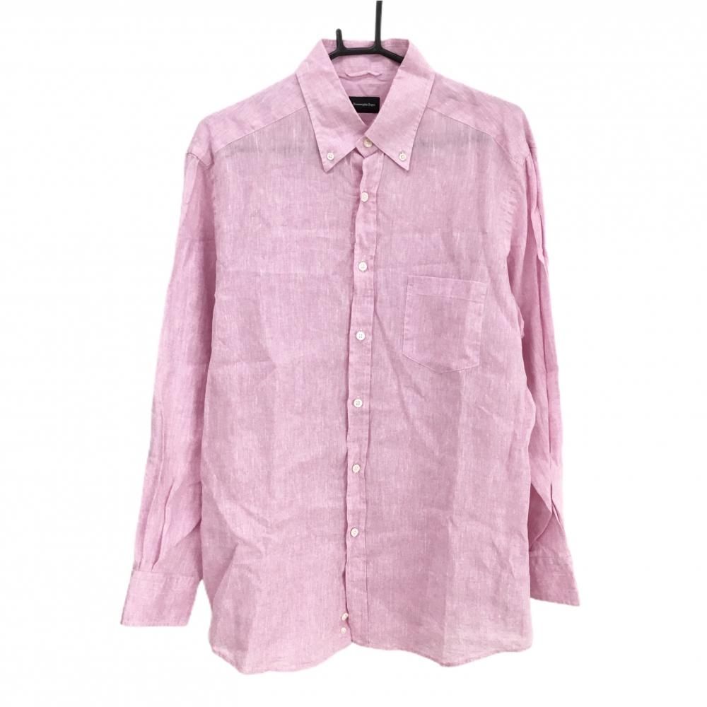 【超美品】エルメネジルドゼニア 長袖シャツ ピンク 麻100％ ボタンダウン 胸ポケット付 メンズ L ゴルフウェア Ermenegildo Zegna